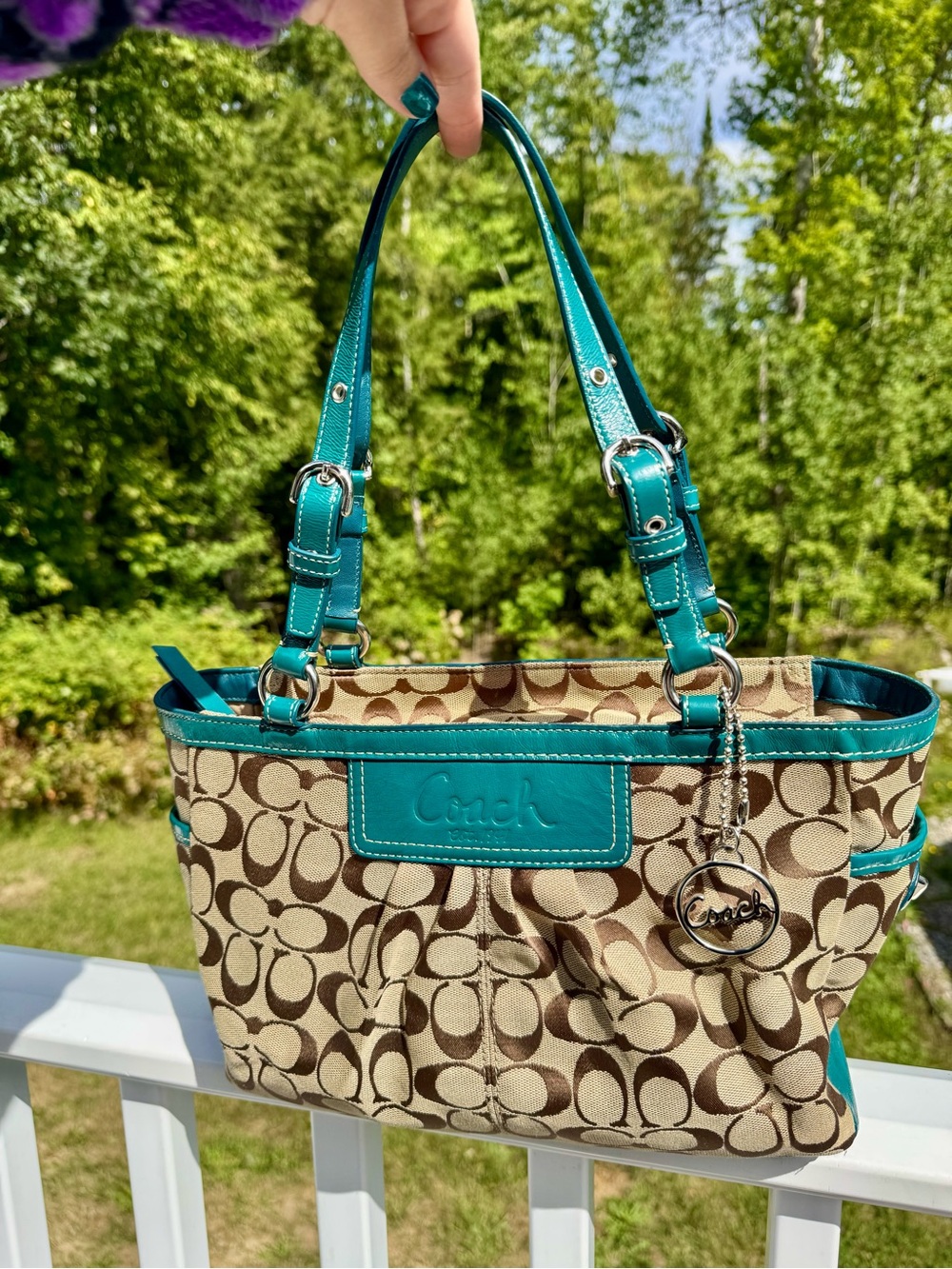 Coach Beige Signature Canvas Tote with Teal Trim